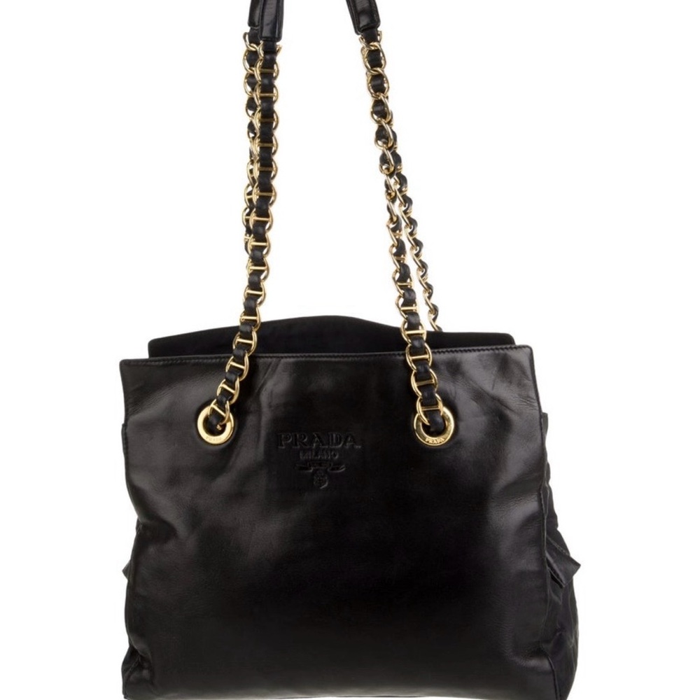 Prada Black Leather Shoulder Bag with Gold Chain Straps